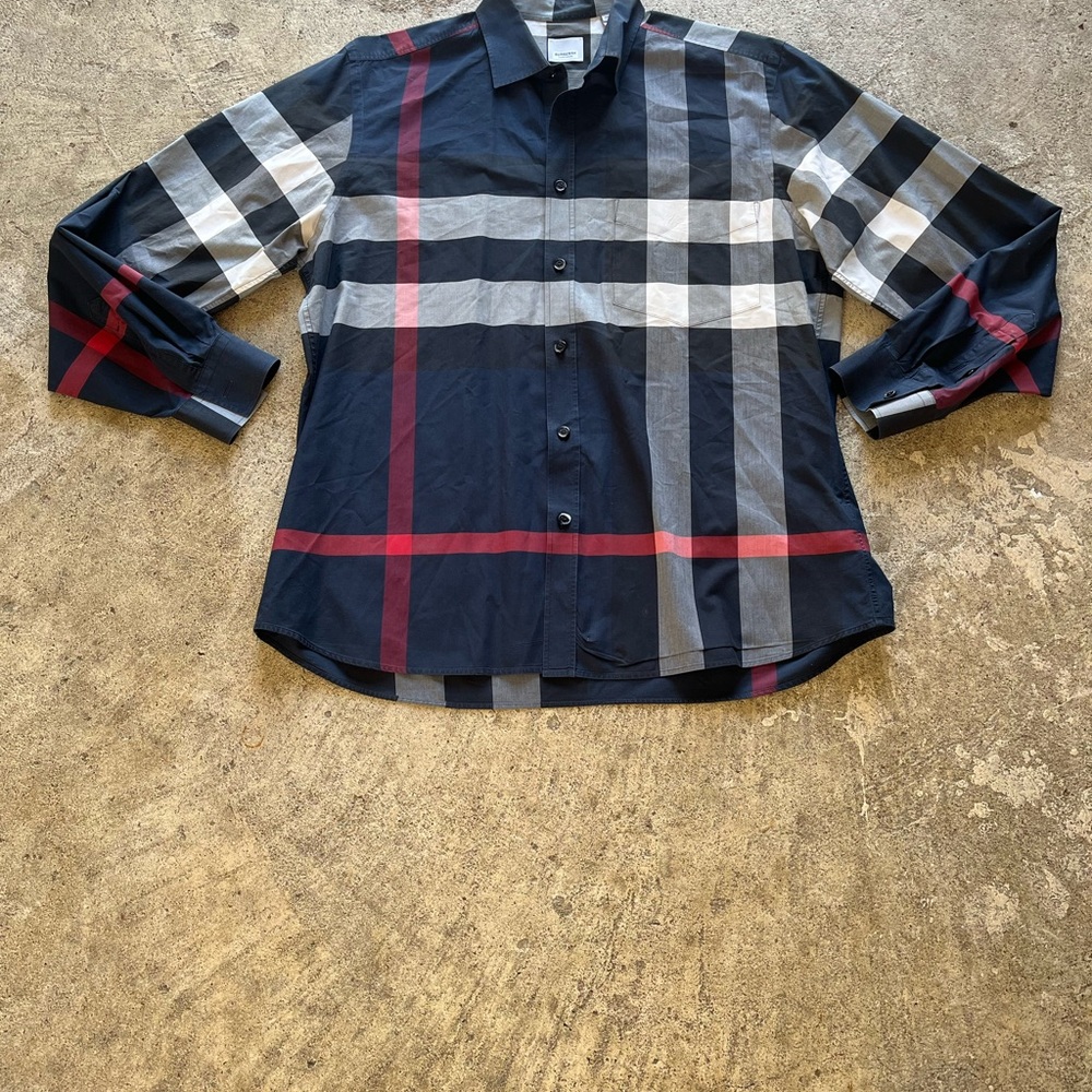 Burberry Navy, White & Red Plaid Button-Up Shirt
